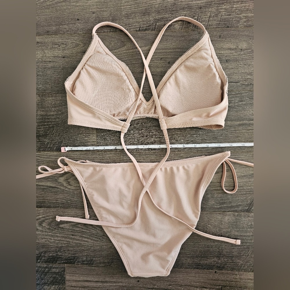 Women's sz M Nude Bikini Crochet Striped Top Solid‎ Side String Tie Bottoms - Picture 8 of 8